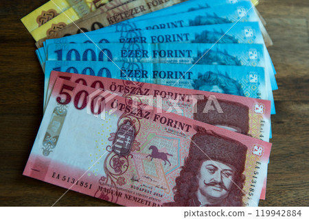 Mixed denomination forint currency notes in Hungary. Mixed denomination forint currency notes in Hungary. 119942884