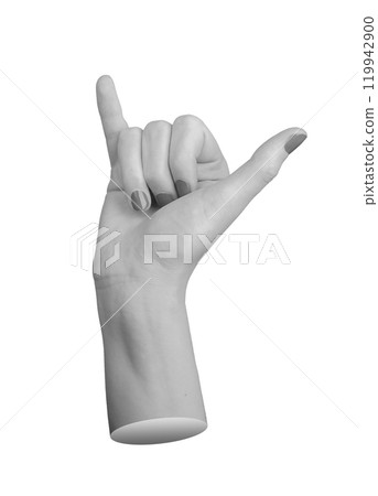 female hand making the shaka or surfer s sign, with the thumb and pinky finger extended while the female hand making the shaka or surfer s sign, with the thumb and pinky finger extended while the 119942900