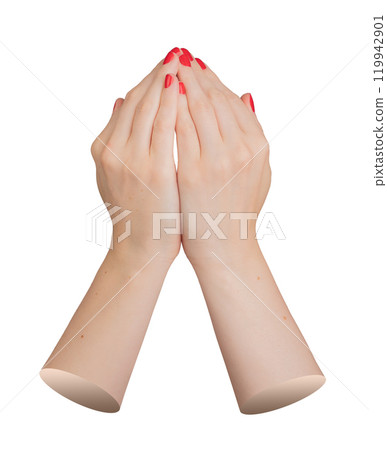 Female hands with red polished nails, manicured and symmetrical, fingers together. Closeup of dorsal 119942901