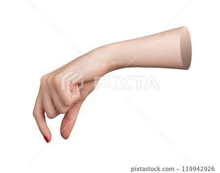 Female hand with red polished nails, elegantly holding an invisible object between the index finger 119942926