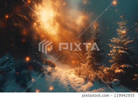 Enchanted Winter Forest at Sunrise with Sparkling Snowflakes for Holiday Decor Generative AI Enchanted Winter Forest at Sunrise with Sparkling Snowflakes for Holiday Decor Generative AI 119942935