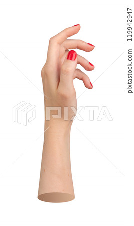 Female hand with red polished nails, fingers elegantly curled and outstretched, poised to tap or 119942947