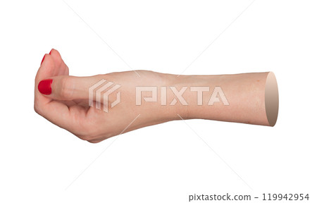 Cupped hand gesture side view, fingers delicately bent, open palm as if holding or offering a small 119942954