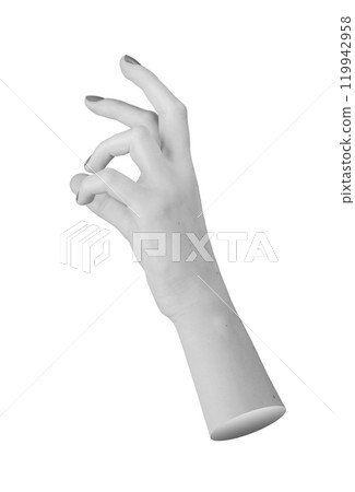 female hand in an abstract gesture, with fingers positioned in varying poses, creating an expressive 119942958
