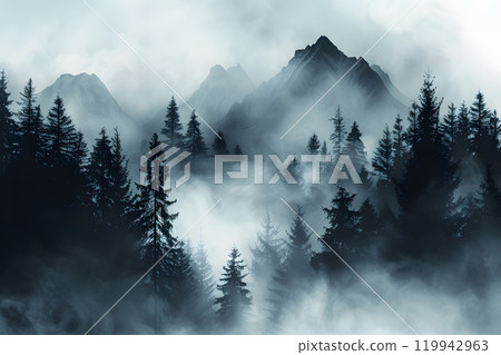 Mystical Mountain Forest in Dense Mist for Nature and Wildlife Themes Generative AI 119942963
