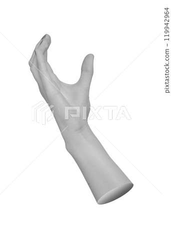 gesture, open hand and fingers slightly curved inward as if holding something, resembles a reaching 119942964