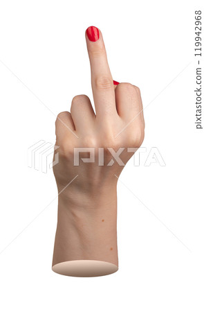 Female hand with red polished nail showing an offensive gesture with the middle finger extended Female hand with red polished nail showing an offensive gesture with the middle finger extended 119942968
