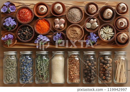 Rustic Kitchen Display with Assorted Spices, Mushrooms, and Herbs for Culinary Inspiration Generative AI Rustic Kitchen Display with Assorted Spices, Mushrooms, and Herbs for Culinary Inspiration Generative AI 119942997