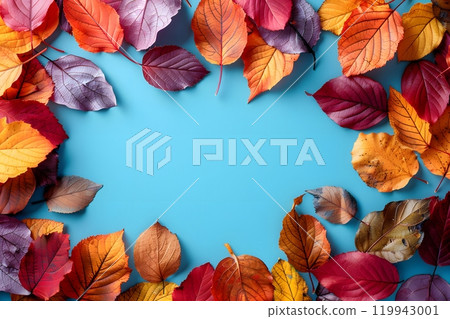 Colorful Autumn Leaves Frame on Aqua Background for Seasonal Designs Generative AI 119943001