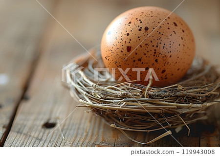 Speckled Egg in a Rustic Nest on Wooden Surface Perfect for Nature-Themed Designs Generative AI 119943008