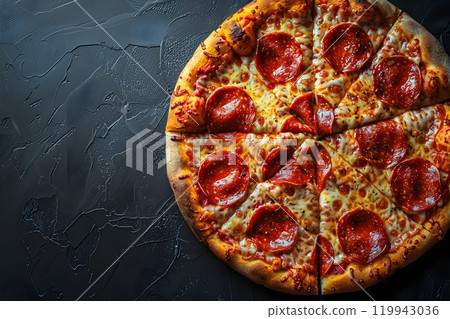 Delicious Pepperoni Pizza on a Black Textured Background for Culinary Designs Generative AI Delicious Pepperoni Pizza on a Black Textured Background for Culinary Designs Generative AI 119943036