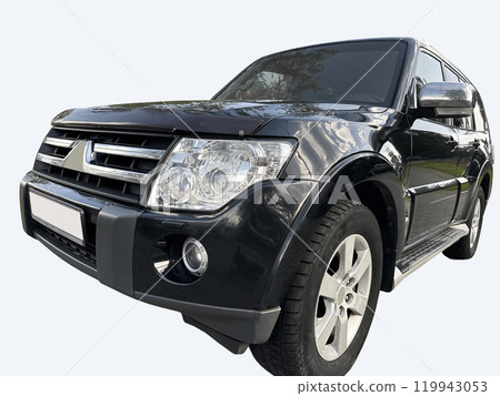 Black SUV car, close-up view. Large 4 4 automobile with headlights and bumper, ideal for road and 119943053