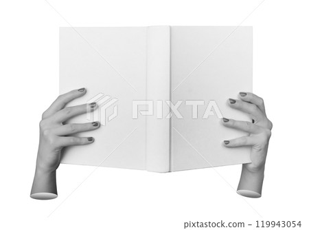 Hardcover book held by female hand, front view, isolated. Blank cover, clean template for mockup Hardcover book held by female hand, front view, isolated. Blank cover, clean template for mockup 119943054