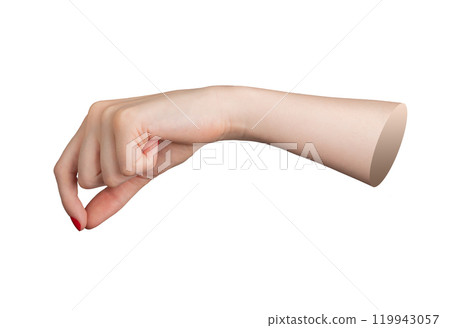 Female hand with red polished nails pinching a small object between thumb and forefinger isolated on Female hand with red polished nails pinching a small object between thumb and forefinger isolated on 119943057