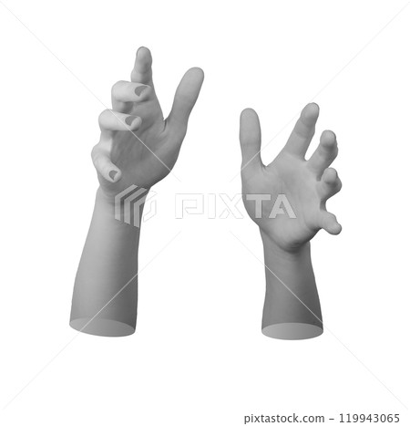 two hands in expressive, reaching gestures, with fingers extended and slightly curled isolated on a 119943065