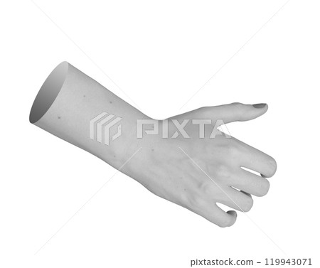 Open female hand in reaching pose, side view, grasping position with fingers extended, thumb 119943071