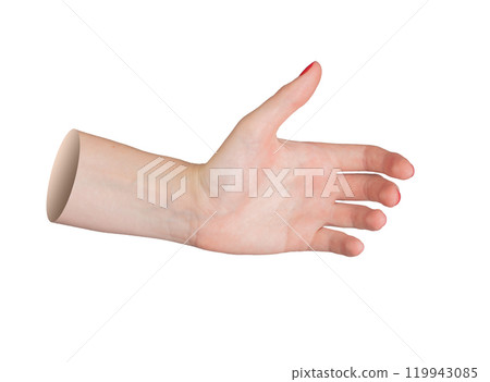Female hand with red polished nails, fingers spread, holding isolated on white background. 119943085