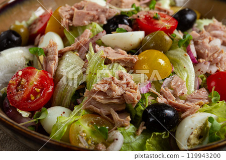 salad with canned tuna, vegetable salad with quail eggs, lettuce, red onion , cherry tomatoes , olives, keto food, healthy food, homemade, no people salad with canned tuna, vegetable salad with quail eggs, lettuce, red onion , cherry tomatoes , olives, keto food, healthy food, homemade, no people 119943200