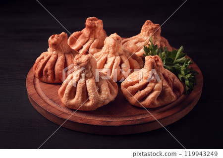 Deep-fried khinkali, khinkali with meat, traditional Georgian dish, no people, 119943249