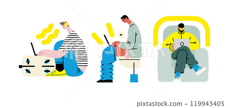 Creative workspace, modern flat vector concept illustration of a person working with a computer Remote work, flexibility, independence, efficiency, mobility, synergy, freedom Creative workspace, modern flat vector concept illustration of a person working with a computer Remote work, flexibility, independence, efficiency, mobility, synergy, freedom 119943405