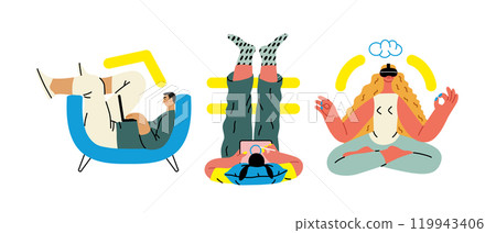 Creative workspace, modern flat vector concept illustration of a person working with a computer Remote work, flexibility, independence, efficiency, mobility, synergy, freedom 119943406