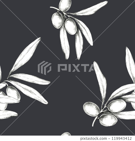 Pencil-drawn olives and branches on dark background. Minimalistic seamless pattern, ideal for textile prints, wrapping paper 119943412