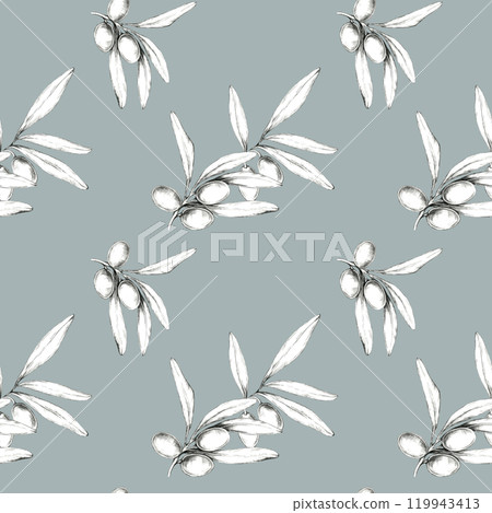 Olive branches and olives drawn in pencil against a muted blue background. Botanical hand drawn seamless pattern. 119943413