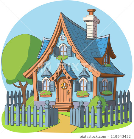Fairytale cartoon house with blue walls and garden fence Fairytale cartoon house with blue walls and garden fence 119943432