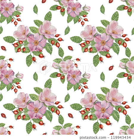 Flowers of Rosa Canina, wild rose buds, rosehip, and green leaves. Watercolor clipart, seamless pattern. Ideal for fabric design, wallpapers, or stationery, offering a nature-inspired artistic touch Flowers of Rosa Canina, wild rose buds, rosehip, and green leaves. Watercolor clipart, seamless pattern. Ideal for fabric design, wallpapers, or stationery, offering a nature-inspired artistic touch 119943434