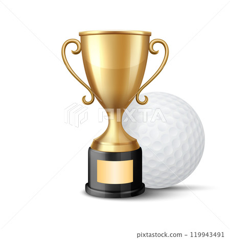 Vector 3D Realistic Yellow Golden Champion Cup and Golf Ball Set. Metal Trophy Design Template for Sports Championship. Trophy and Golf Ball, Front View. Vector Illustration for Sports Concepts 119943491