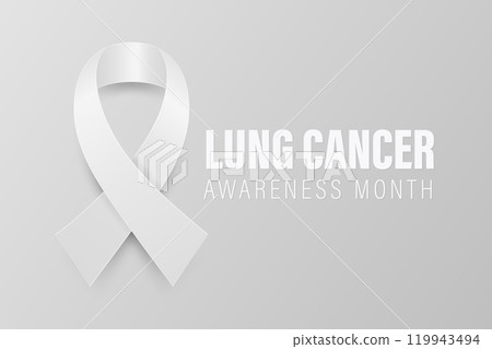 Vector Realistic Lung Cancer Awareness Banner With White Ribbon. Realistic White Ribbon on Gray Background. Lung Cancer Support Symbol. Medical Banner, Health Campaign. White Ribbon Loop Illustration 119943494