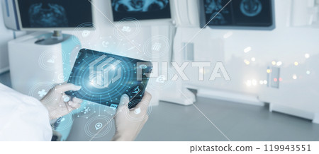 The doctor does a digital diagnosis of the kidney. 119943551