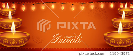 realistic happy diwali festival banner with lights and diya decoration 119943971
