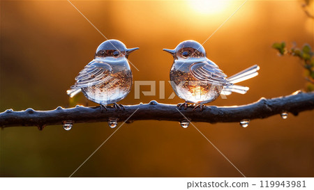 Transparent birds formed from water droplets resting on a branch at sunset, capturing natures delicate beauty Transparent birds formed from water droplets resting on a branch at sunset, capturing natures delicate beauty 119943981