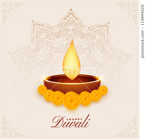 happy diwali festival card with dia and flowers 119944028