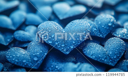 Close-up of multiple blue heart shapes covered in water droplets, forming a textured, romantic pattern Close-up of multiple blue heart shapes covered in water droplets, forming a textured, romantic pattern 119944785