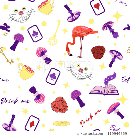 Wonderland pattern elements rabbit, Cheshire cat, flamingo cards hat cup and mushrooms and clock. 119944869
