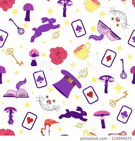 Wonderland pattern elements rabbit, Cheshire cat, flamingo cards hat cup and mushrooms and clock. Wonderland pattern elements rabbit, Cheshire cat, flamingo cards hat cup and mushrooms and clock. 119944875