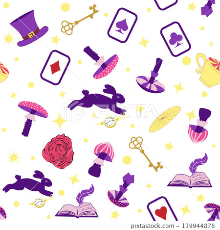Wonderland pattern elements rabbit, Cheshire cat, flamingo cards hat cup and mushrooms and clock. Wonderland pattern elements rabbit, Cheshire cat, flamingo cards hat cup and mushrooms and clock. 119944878