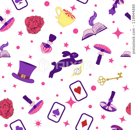 Wonderland pattern elements rabbit, Cheshire cat, flamingo cards hat cup and mushrooms and clock. Wonderland pattern elements rabbit, Cheshire cat, flamingo cards hat cup and mushrooms and clock. 119944880