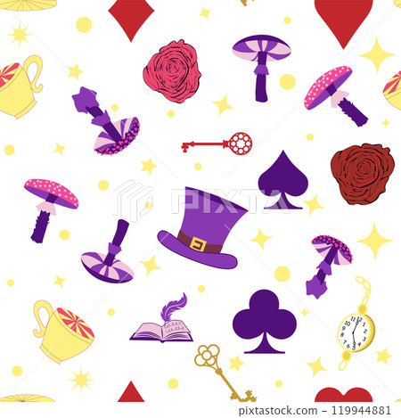 Wonderland pattern elements rabbit, Cheshire cat, flamingo cards hat cup and mushrooms and clock. Wonderland pattern elements rabbit, Cheshire cat, flamingo cards hat cup and mushrooms and clock. 119944881