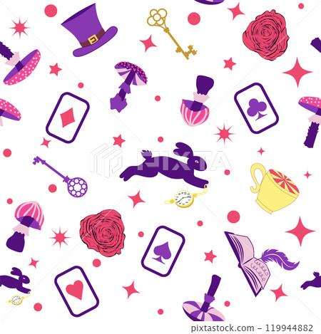 Wonderland pattern elements rabbit, Cheshire cat, flamingo cards hat cup and mushrooms and clock. Wonderland pattern elements rabbit, Cheshire cat, flamingo cards hat cup and mushrooms and clock. 119944882