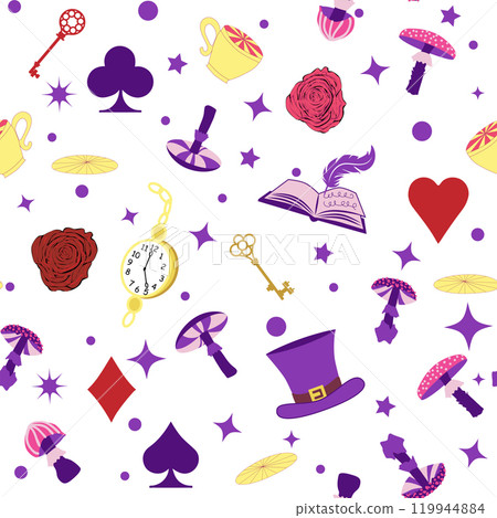 Wonderland pattern elements rabbit, Cheshire cat, flamingo cards hat cup and mushrooms and clock. 119944884