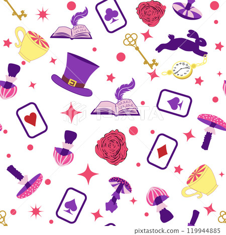 Wonderland pattern elements rabbit, Cheshire cat, flamingo cards hat cup and mushrooms and clock. 119944885