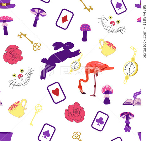 Wonderland pattern elements rabbit, Cheshire cat, flamingo cards hat cup and mushrooms and clock Wonderland pattern elements rabbit, Cheshire cat, flamingo cards hat cup and mushrooms and clock 119944899