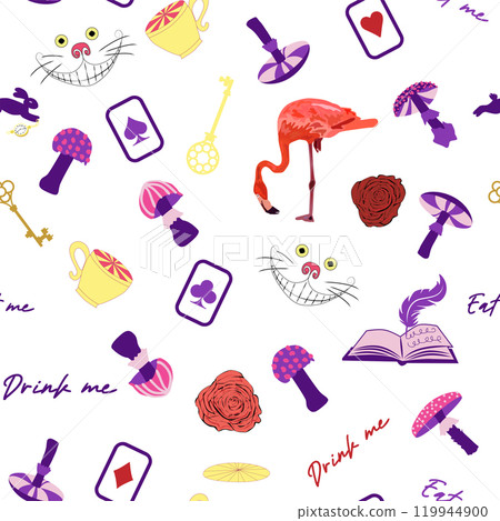 Wonderland pattern elements rabbit, Cheshire cat, flamingo cards hat cup and mushrooms and clock 119944900