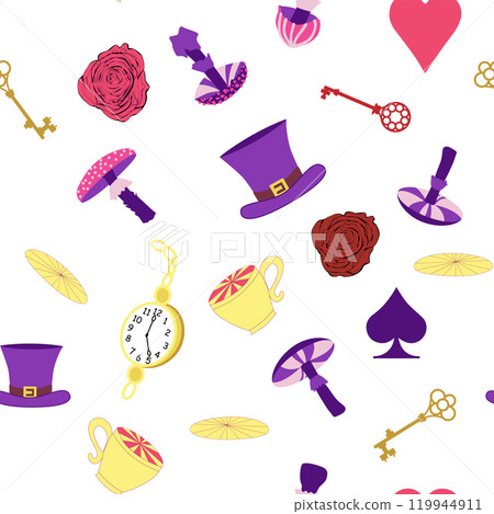 Wonderland pattern elements rabbit, Cheshire cat, flamingo cards hat cup and mushrooms and clock Wonderland pattern elements rabbit, Cheshire cat, flamingo cards hat cup and mushrooms and clock 119944911