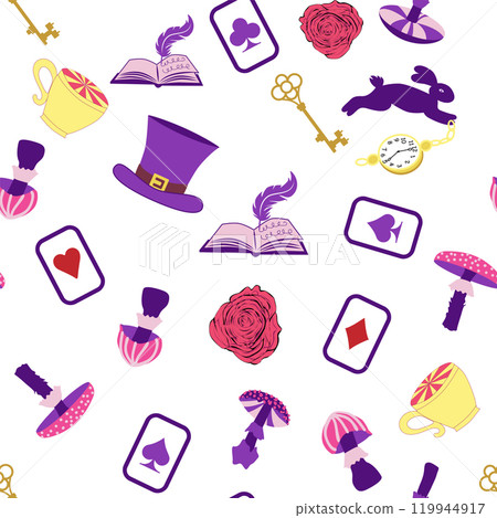 Wonderland pattern elements rabbit, Cheshire cat, flamingo cards hat cup and mushrooms and clock Wonderland pattern elements rabbit, Cheshire cat, flamingo cards hat cup and mushrooms and clock 119944917