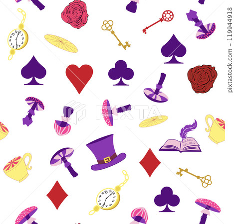 Wonderland pattern elements rabbit, Cheshire cat, flamingo cards hat cup and mushrooms and clock 119944918