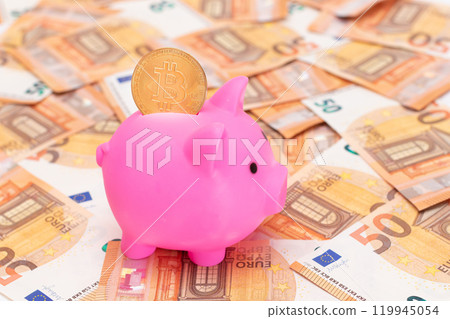 Pink Piggy Bank with Bitcoin Coin on the Fifty Euro Banknotes 119945054